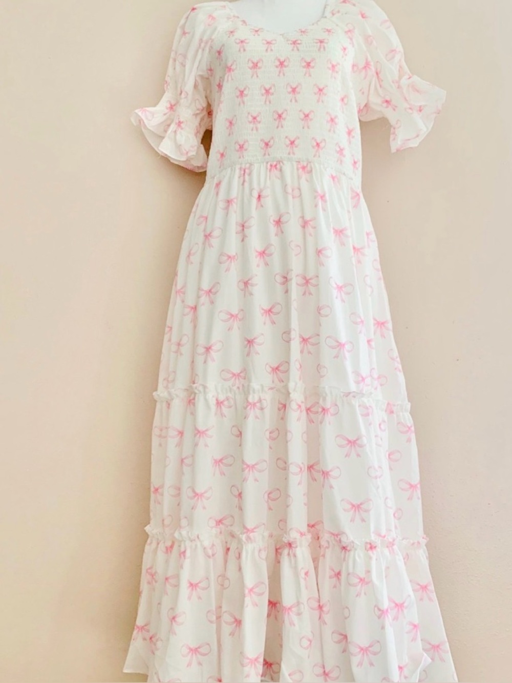 Noliabae XL Women’s White Midi Dress with Pink Bow Print